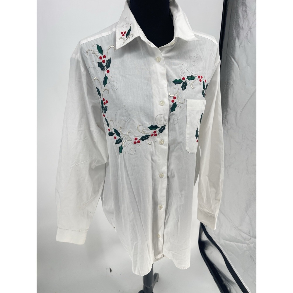 Karen Scott Womens Shirt Size L White Button Front Embroidered Christmas Bin12